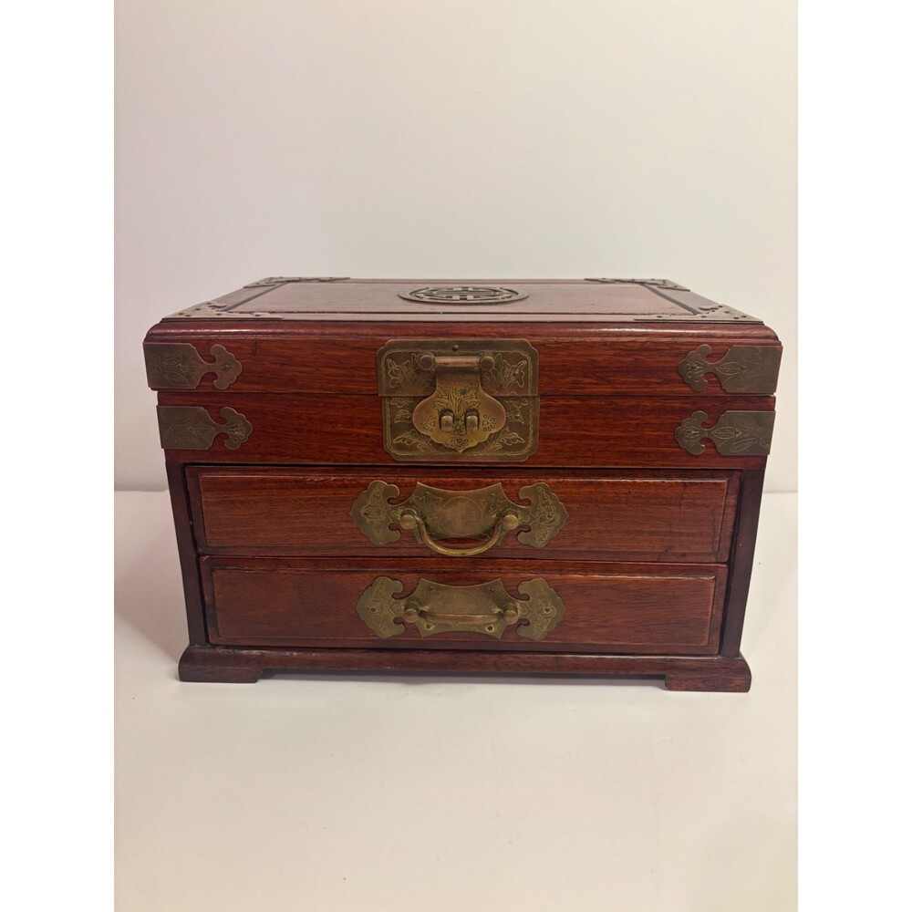 Vintage Chinese Rosewood Jewelry Box-Brass Hardware-Silk Lined-Trinket Chest-